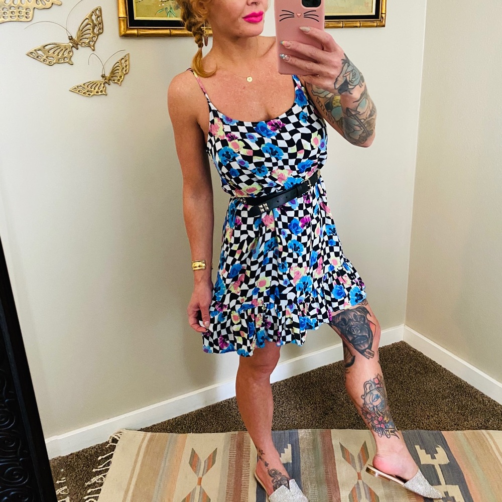 Collusion Checkered & Floral Spaghetti Strap Dress